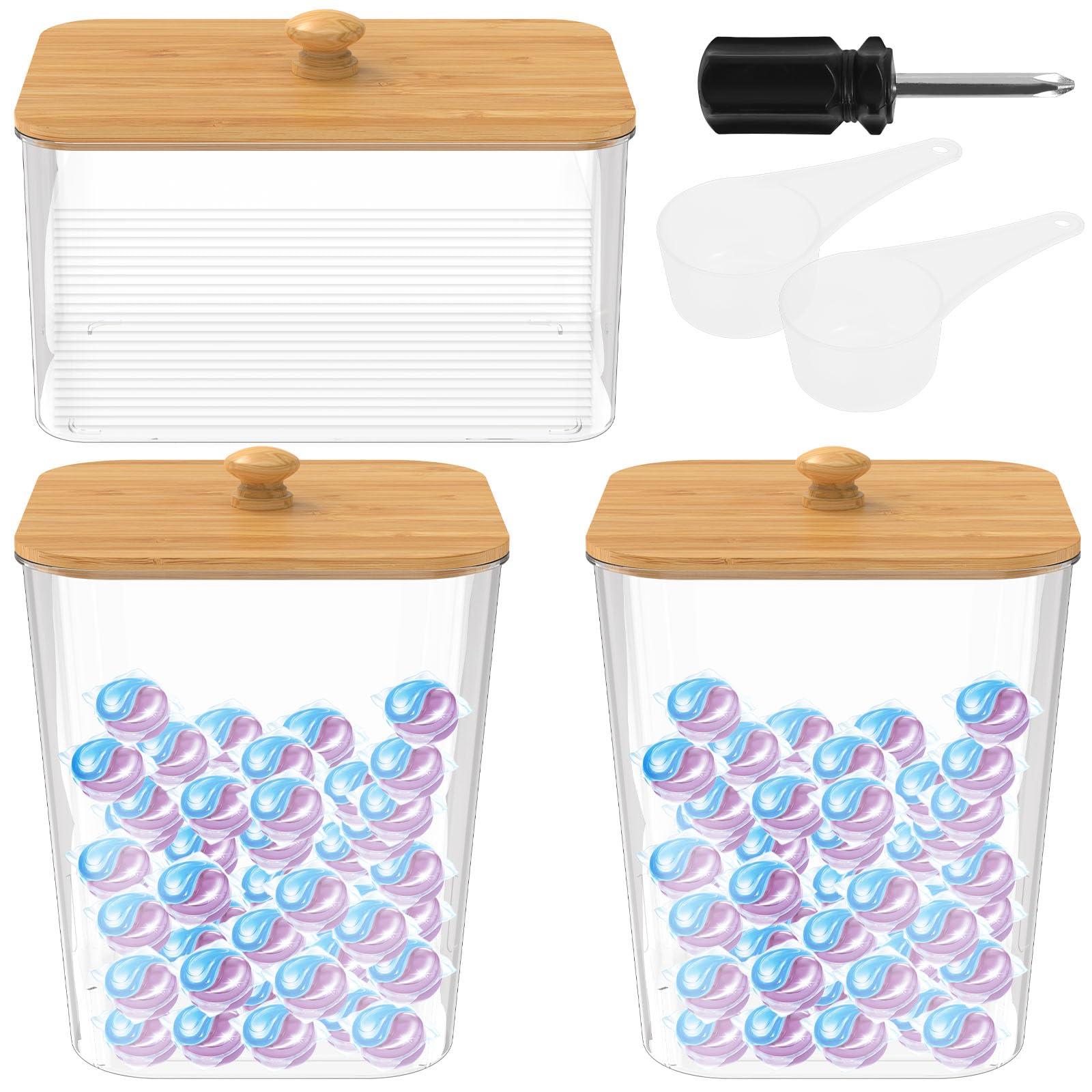 Bobash 3 Pcs Clear Acrylic Laundry Pods Storage Container With Bamboo Cover And Laundry Scoop Laundries Pod Container Clear Dryer Sheet Holder Practical Laundries Room Organization Containers For Washing Pod