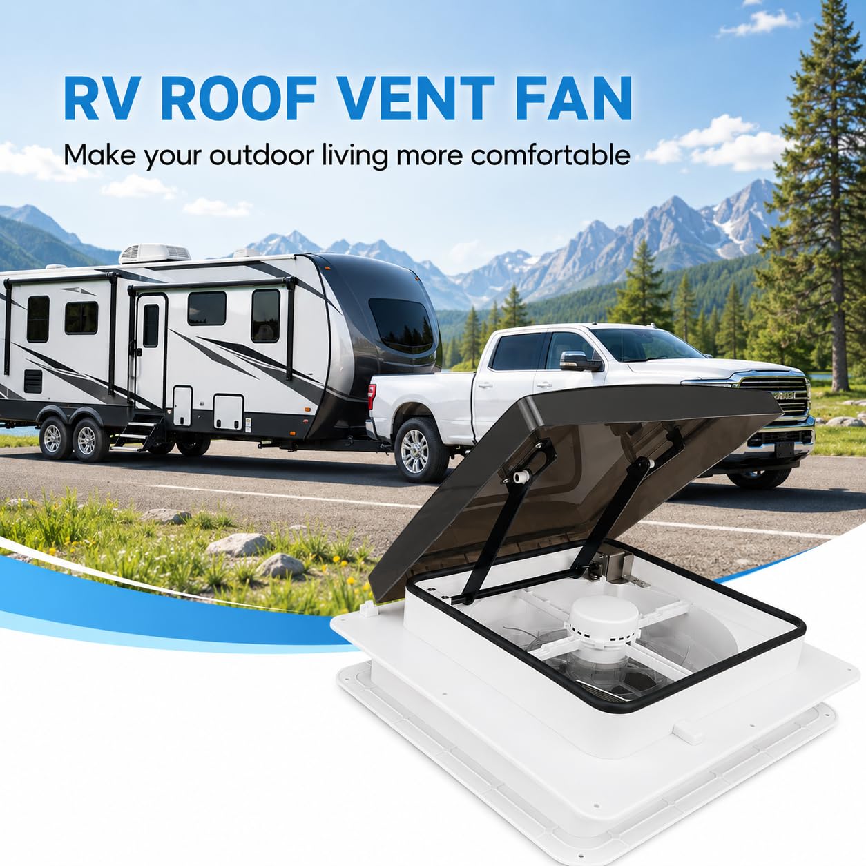 Ventilador de techo para caravanas, homologado 43R Claraboya, Nivel de ruido ultra bajo de escape reversible con sensor de lluvia, ventilador permanente de nivel automático para autocaravana