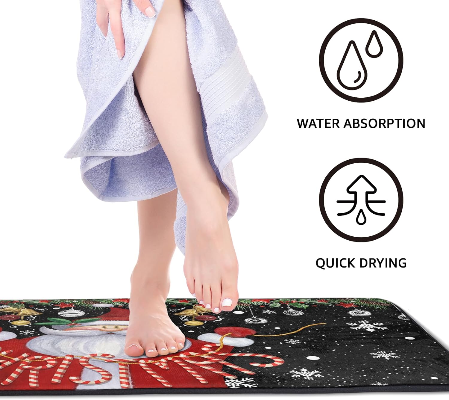 Christmas Kitchen Floor Mat 20x39 Inches,Santa Claus Snowflakes Xmas Black Non Slip Washable Comfort Standing Cushioned Carpet Rug for Bathroom Kitchen Sink Office Laundry Room