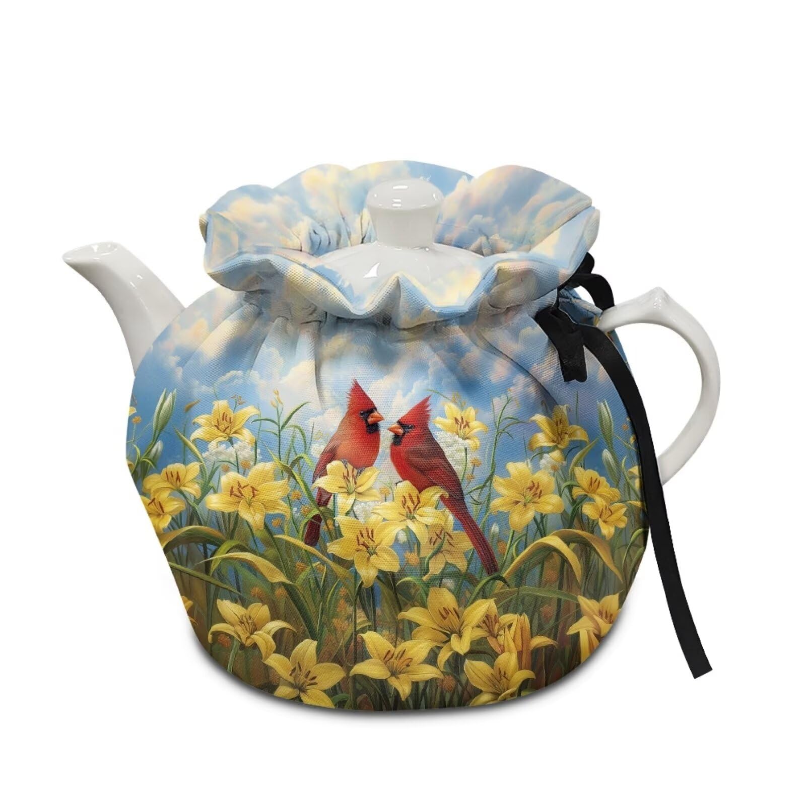 Xoenoiee Cardinal Bird Yellow Lily Flower Print Tea Pot Cosy Cotton Tea Cozy for Teapots Dust Cover Insulated Kettle Cover Teapot Warmer for Home Kitchen Decorative Accessories