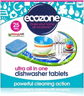 EcozoneUltra All-In-One Dishwasher Tablets, Powerful Cleaning Formula Cuts Through Grease & Grime, Natural Vegan & Non Toxic, Plant Based Plastic-Free, Anti Watermark, Leaves No Residue (Pack of 25)