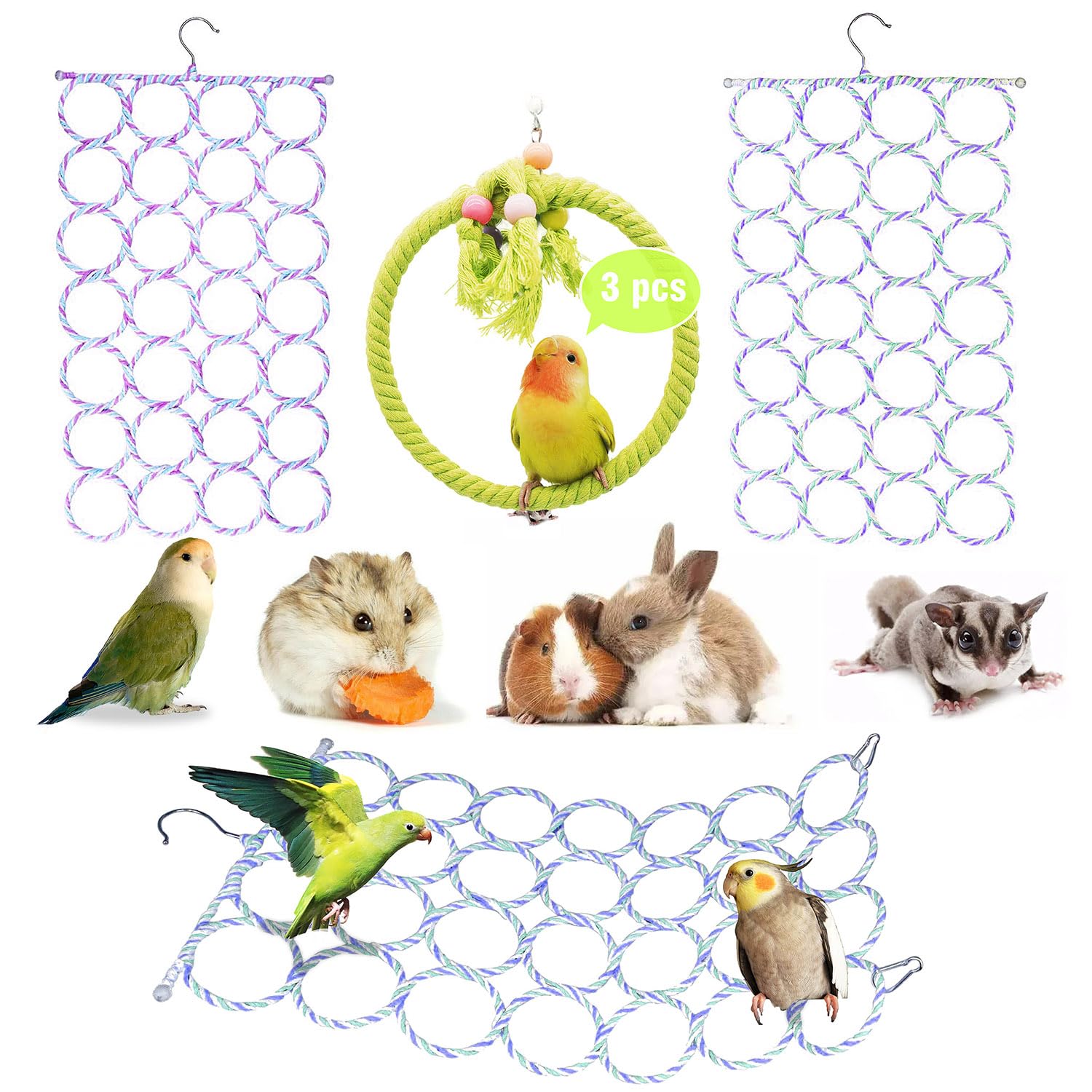 Paquete de 3 juguetes colgantes de columpio, escaleras de red de cuerda para escalar pájaros, juguete de actividad para mascotas pequeñas y medianas adecuado para periquitos, cacatúas