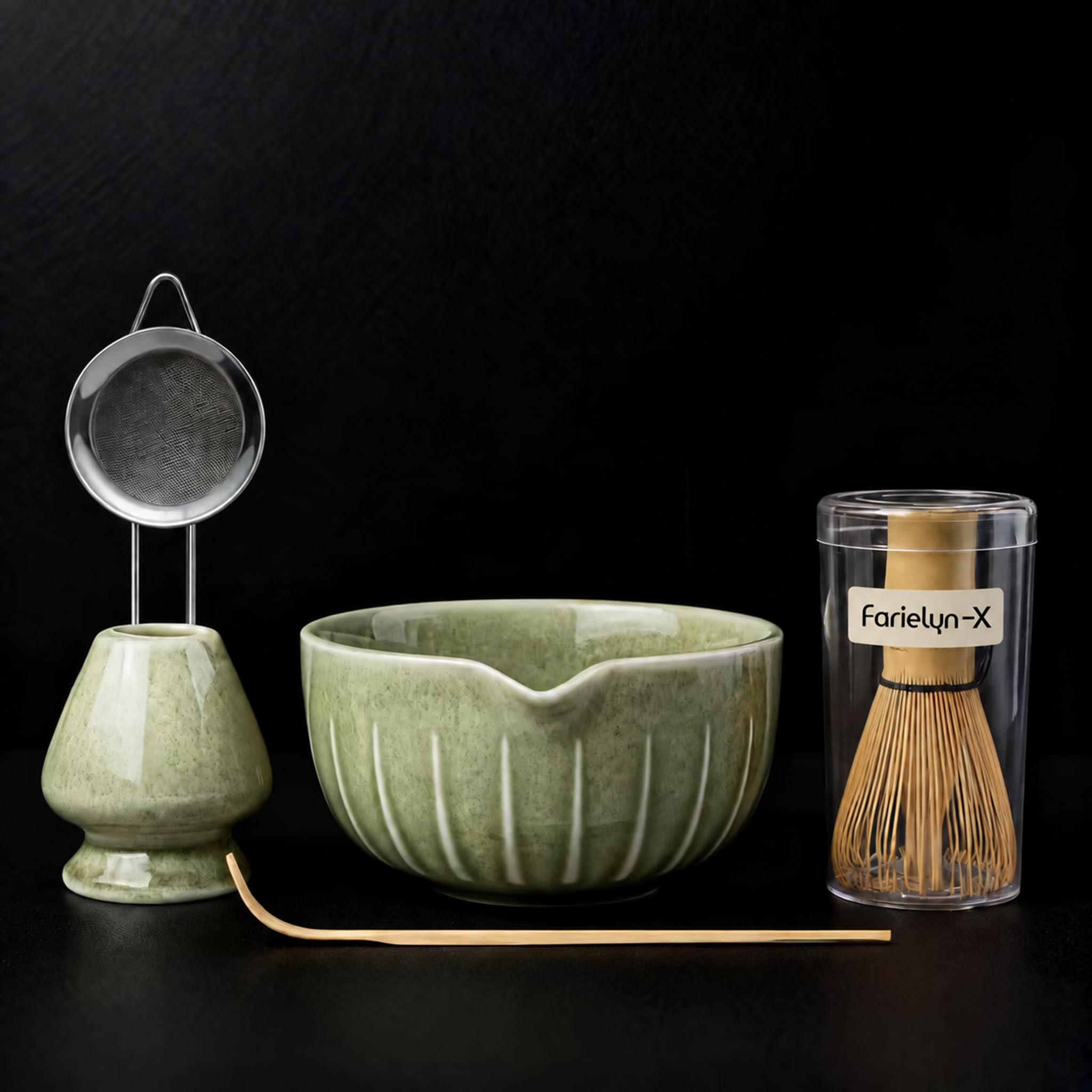 Farielyn-X Matcha Whisk Set, Japanese Tea Set (5pcs) includes Matcha Bowl with Spout (19 oz), Bamboo Whisk, Matcha Scoop, Matcha Whisk Holder (Chasen Holder), Stainless Steel Sifter, Macha Kit