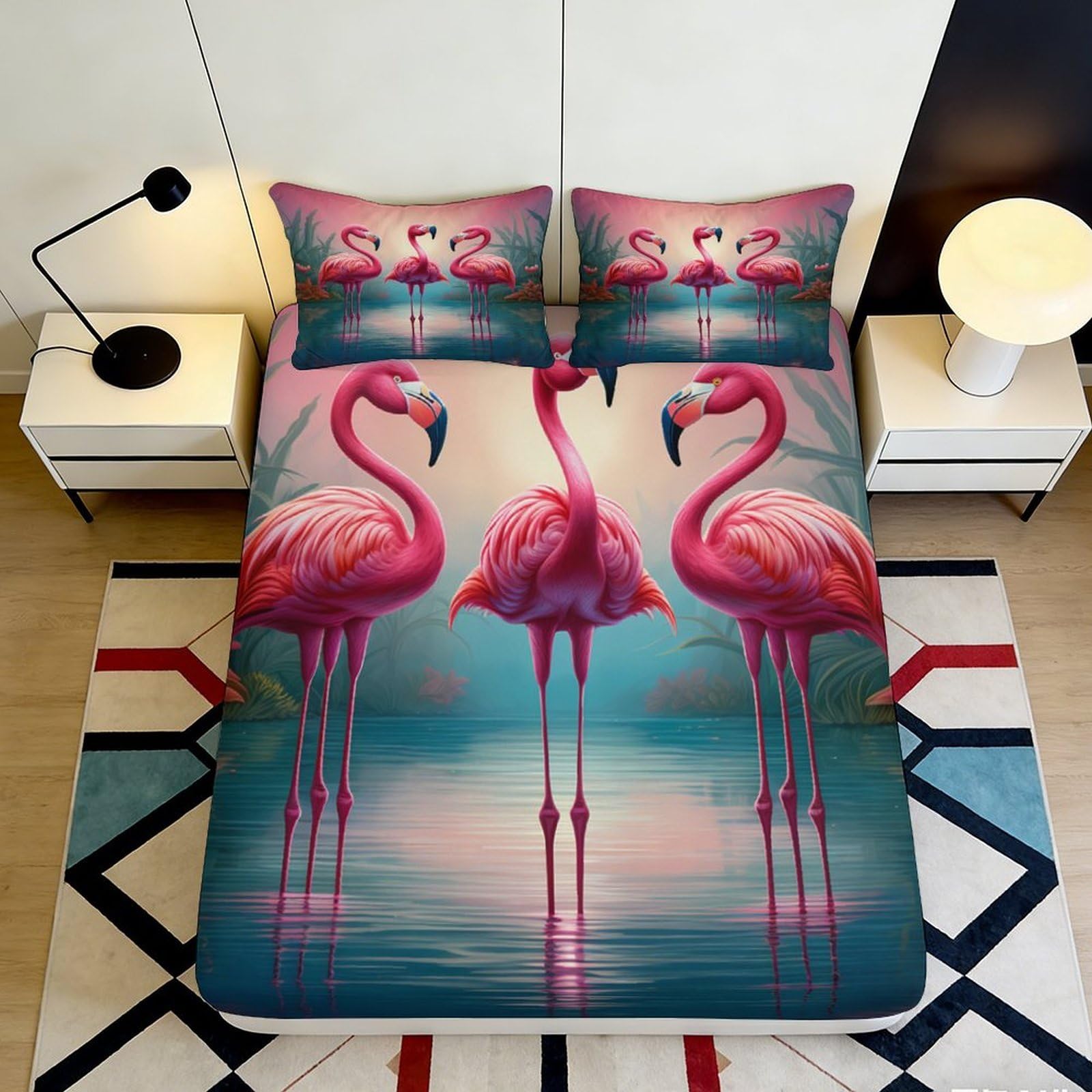 3D Printed Flamingo Lake Fitted Sheet Microfiber Soft Pink Birds Bed Sheet for Bedroom Dorm Mattress Decor 90x200x25cm