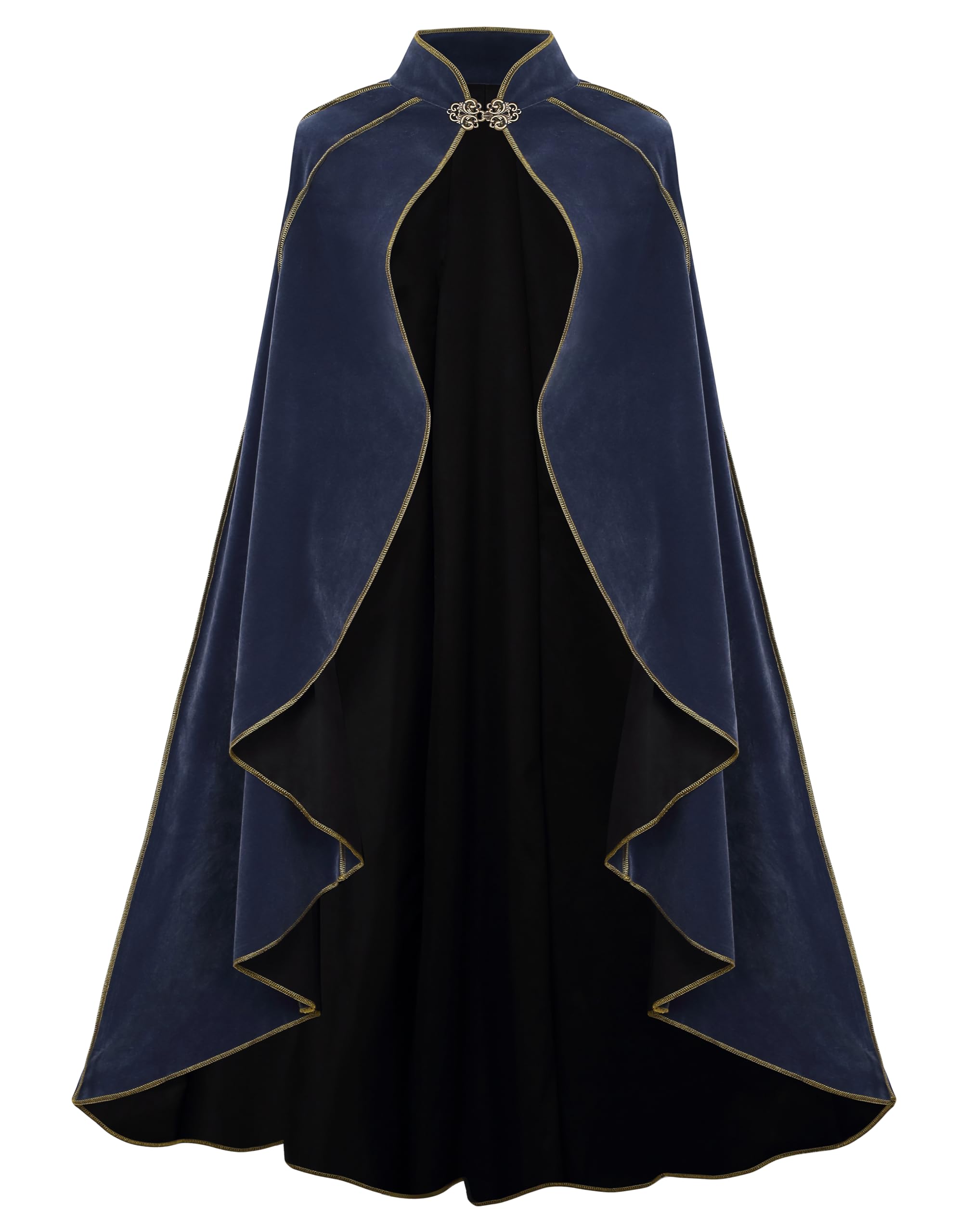 DELIVESS Women's Medieval Renaissance Velvet Cape Stand Collar Gold Trim Cloak for Adults, Halloween Cosplay LARP Party Festival Costume(43.31", Blue Grey) — image 1