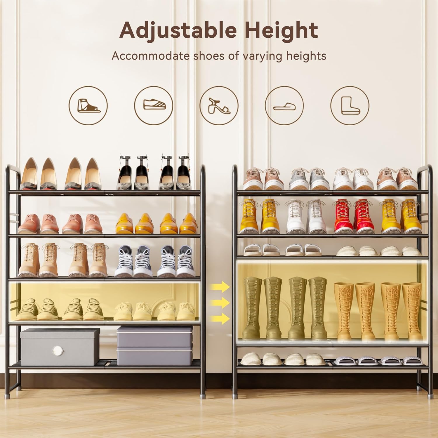 Shoe Rack Stackable, 5 Tier All Metal Free Standing Shoe Storage for Garage, Heavy Duty & Adjustable, Black