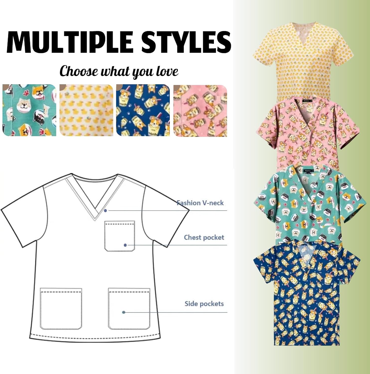 Printed Scrubs for Women,Medical Proffesional Workwear, V-neck Top & Scrub Pants with 9 Pockets - Image 5