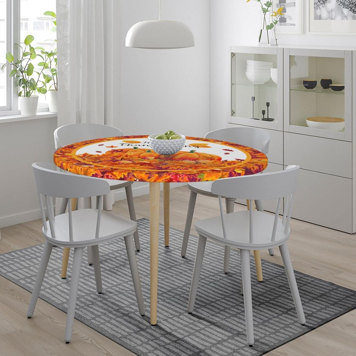 Thanksgiving Pumpkin Maple Leaf Tablecloths Round Tablecloth Fitted Elastic Table Cover Washable for Kitchen Dining Picnic Party Fit Table 45-50