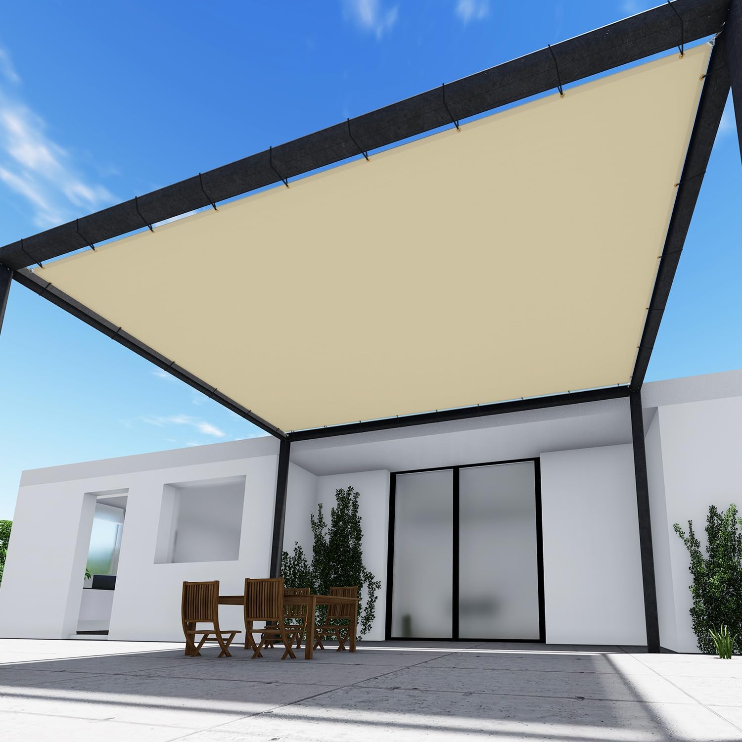 TANG 16' x 29' Waterproof Shade Cloth with Grommets, Sun Shade Sail Rectangle Straight Side, 260 GSM UV Block Fabric Patio Canopy for Deck Carport Backyard Pergola Cover, Beige