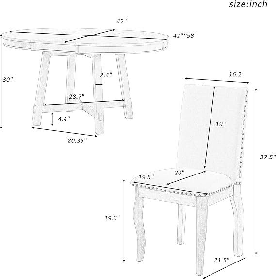 P PURLOVE 5 Pieces Dining Table Set Round Kitchen Extendable Dining Table with 4 Upholstered Chairs for Dining Room, Chair with Nail Head Trim, Bistro Table Set, Natural Wood Wash