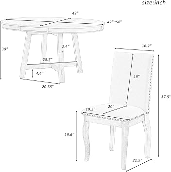 P PURLOVE 5 Pieces Dining Table Set Round Kitchen Extendable Dining Table with 4 Upholstered Chairs for Dining Room, Chair with Nail Head Trim, Bistro Table Set, Natural Wood Wash