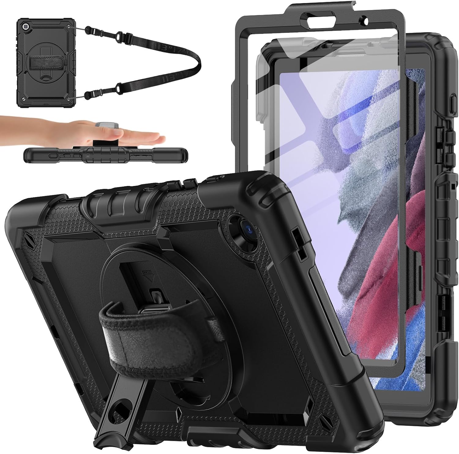 Samsung Galaxy Tab A7 Lite Case with Screen Protector, Tab A7 Lite Case 8.7 Inch with Pencil Holder, 360 Rotating Hand Shoulder Strap,Full Body Shockproof Protective Case 2021 Model SM-T220/T225/T227 : Electronics