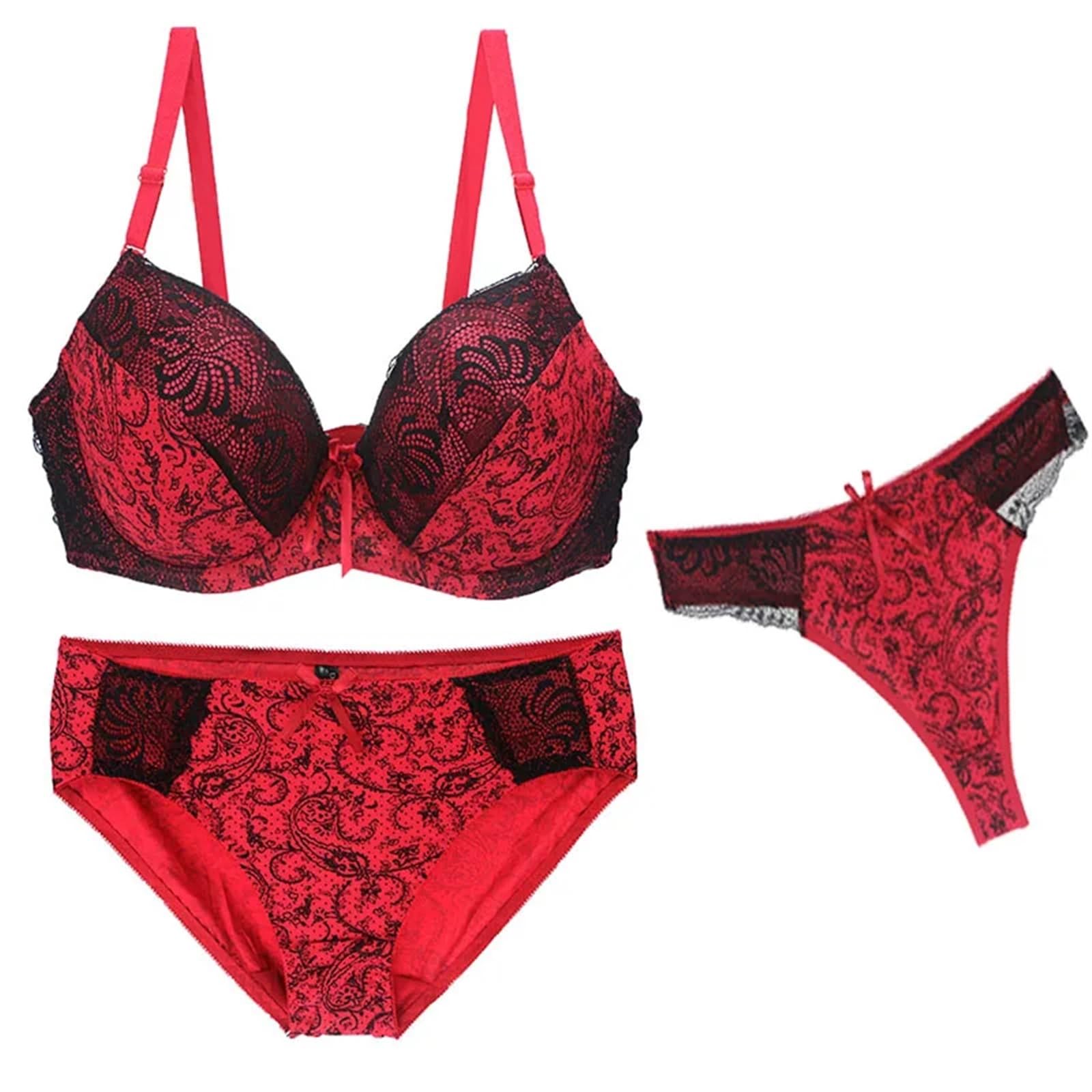 Bragas Braguitas Tangas Conjuntos de sujetador push up sin costuras for mujer, ropa interior de 3 piezas, copa BCDEF, lencería beige, negra, azul, morada, roja y blanca, tallas grandes(Red,75D)