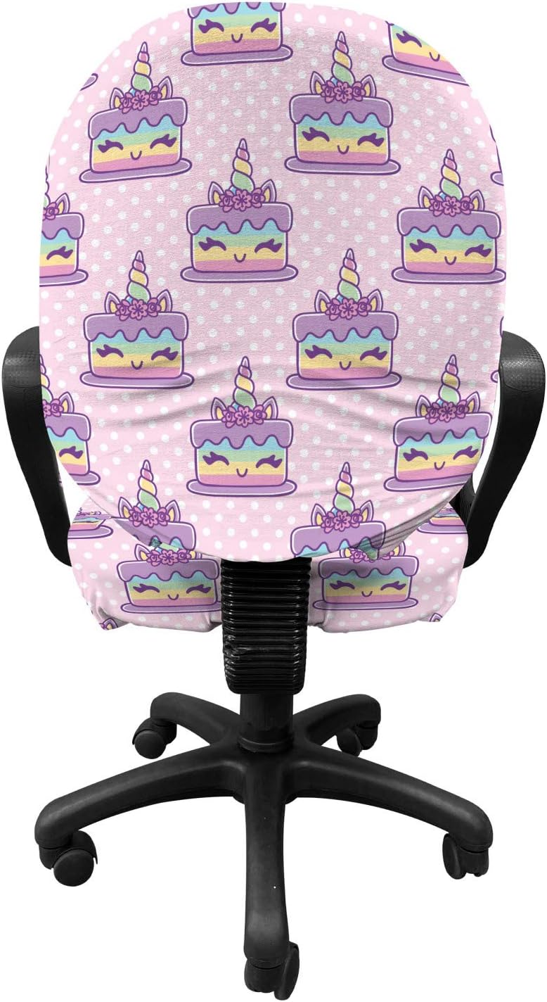 Ambesonne Pink Polka Dots Office Chair Slipcover, Continuous Funny Unicorn Cake on Polka Dots Cartoonish Design, Protective Stretch Decorative Fabric Cover, Standard Size, Pink Lilac