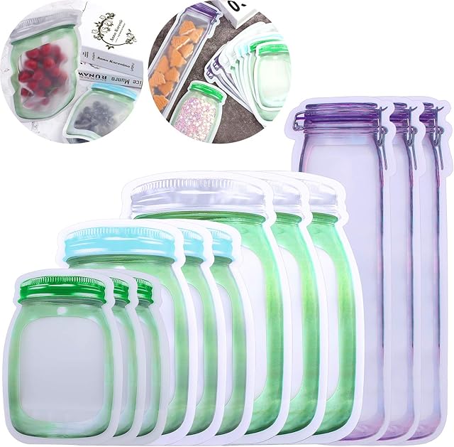 Cooraby 12 Pieces 4 Size Mason Jar Bags Reusable Food Saver Bags PE Sandwich Ziplock Bags for Travel Camping Barbecue