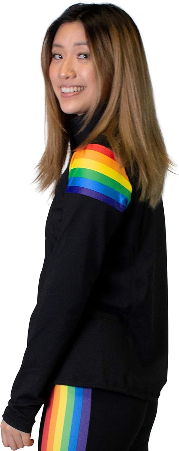 Rainbow Striped Women's Full Zip-Up Yoga Track Jacket (Black)