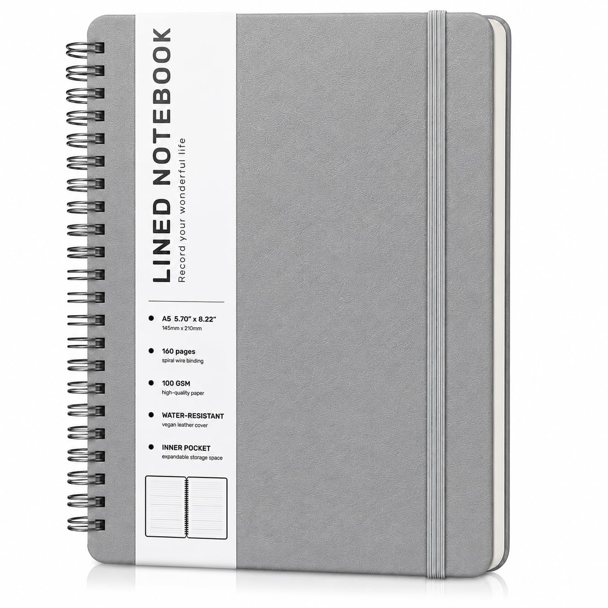 ABERLLS Cuaderno de espiral con rayas grises con 160 páginas, 8 x 5.7 pulgadas, cuaderno en espiral A5, cuadernos de diario para el trabajo, escuela, mujeres, hombres, cuaderno de espiral con rayas