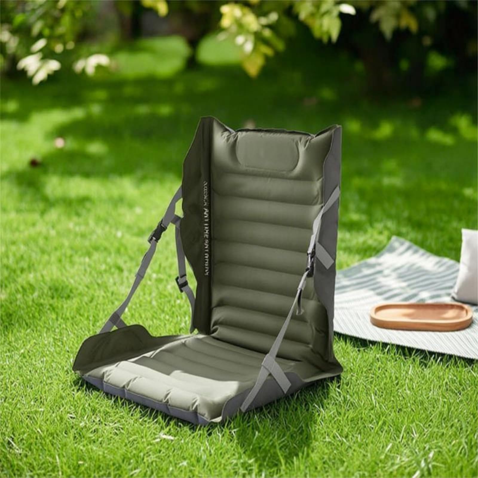Gralara Asiento Inflable Exterior Cojín Colchoneta Respaldo con Acolchado Inflable para Sillas Plegables y Asiento en el Suelo Adecuado para Playa Campamentos, Verde Jungla