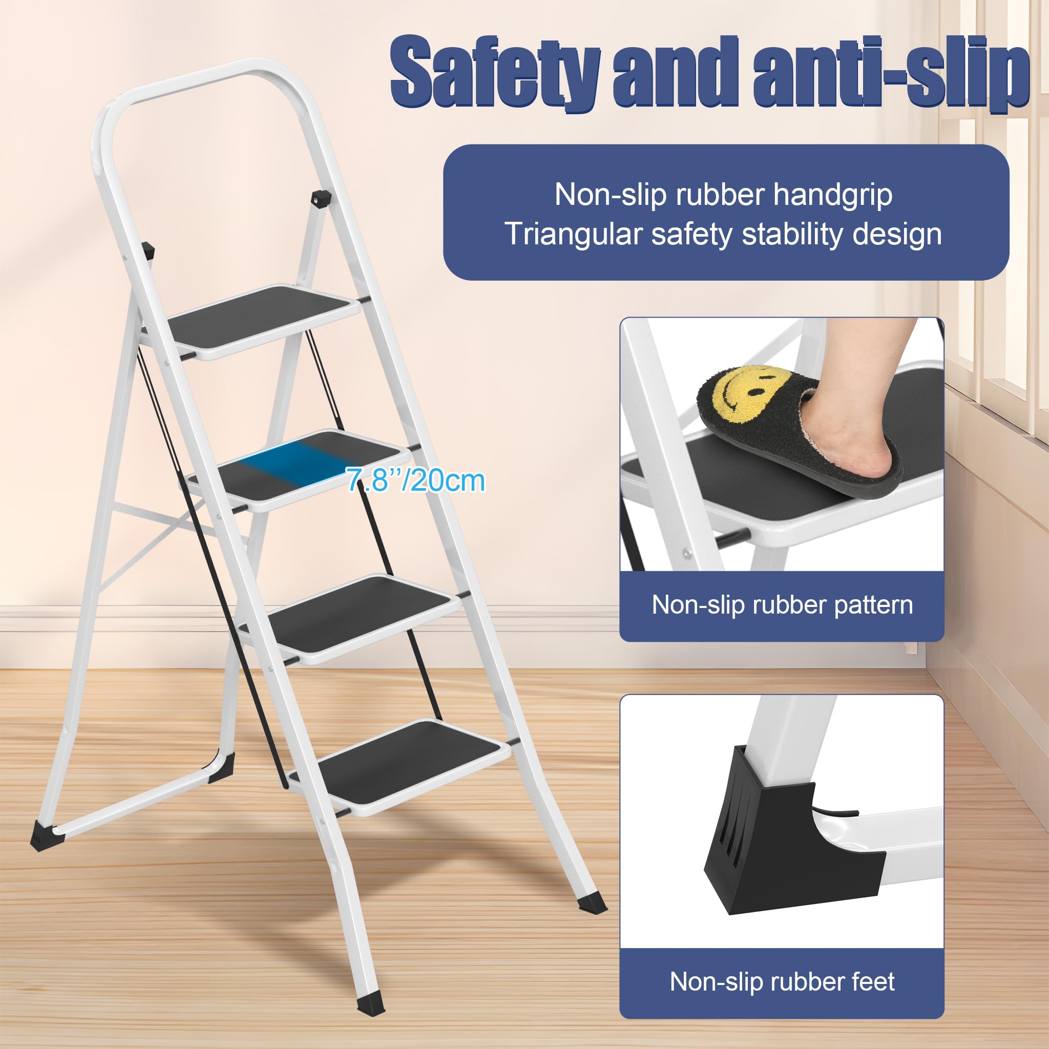 LARS360 Scala pieghevole a 4 livelli, in acciaio con gradini antiscivolo, portata 150 kg, pieghevole, per casa, cucina, ufficio, salvaspazio, solo 5 cm (nero + bianco)