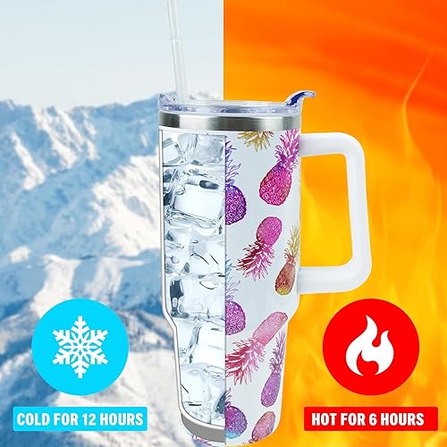 Miniatura 4 de Vaso de 40 onzas con asa y popote, vaso aislado de acero inoxidable con tapa a prueba de fugas y tapa con popote, mantiene las bebidas frías y