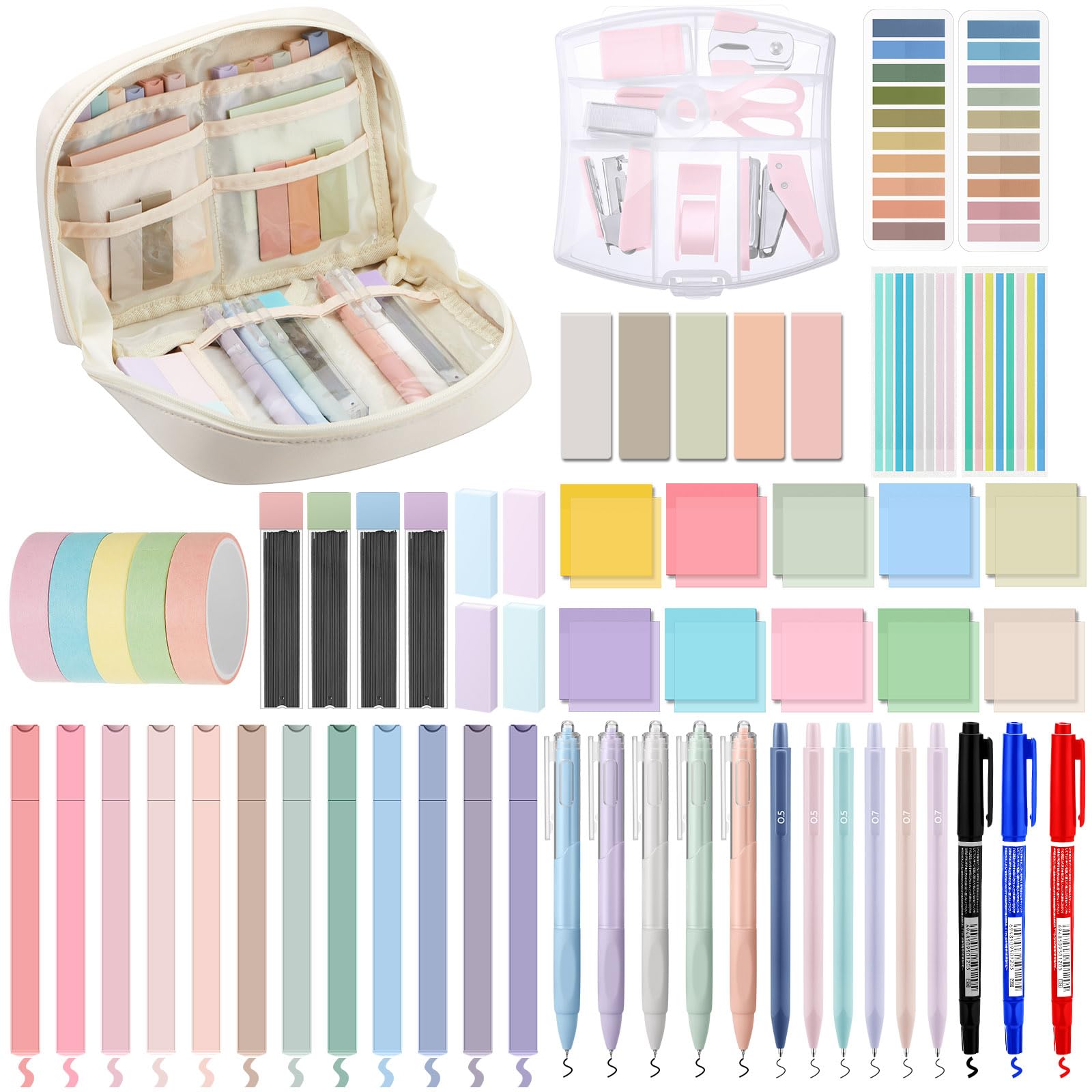 Sinload 60 Pcs Aesthetic Book Annotation Kit Pencil Case with Highlighter Gel Pen Mechanical Pencil Magnetic Bookmarks Transparent Sticky Note Tabs