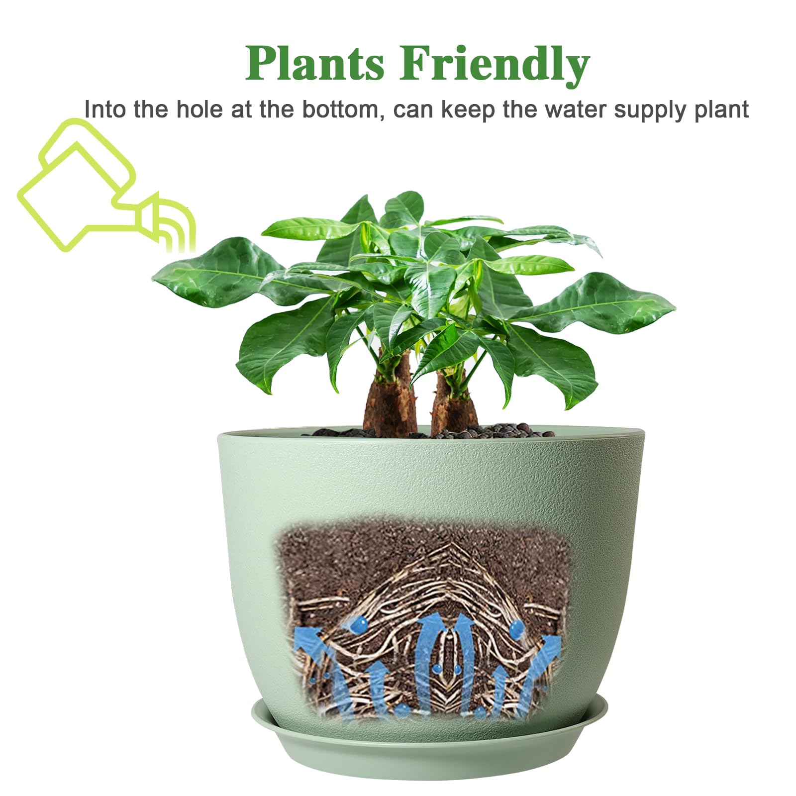 UOUZ Maceta grande de 12 pulgadas, moderna maceta de plástico con agujeros altos y platillo para plantas y flores de jardín en interiores y exteriores, color verde