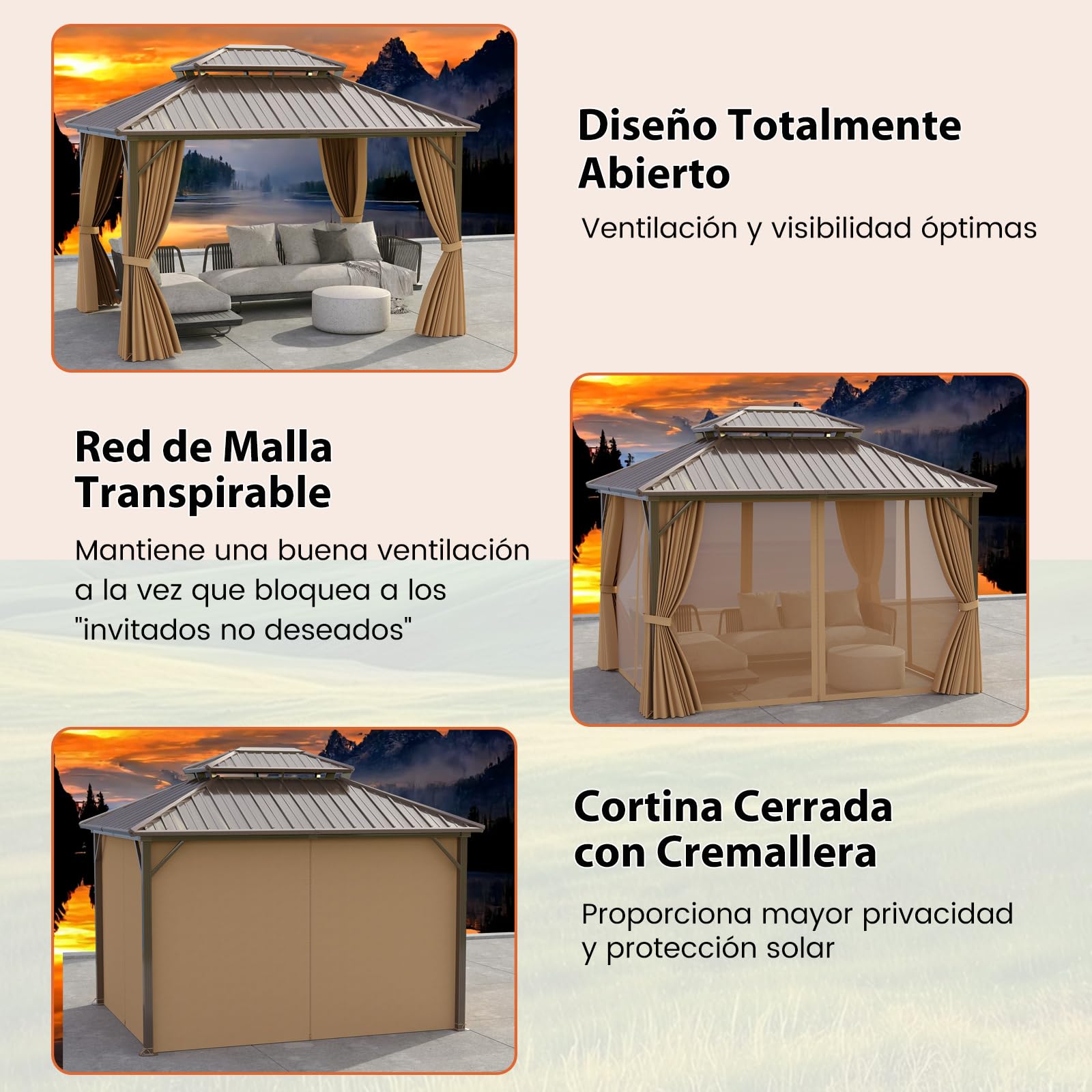 COSTWAY Carpa de Jardin 354 x 294 cm, Pabellón con 4 Mosquiteras, Cortinas, Techo Metálico Doble Galvanizado, Estructura de Aluminio, Cenadores para Jardin Terraza