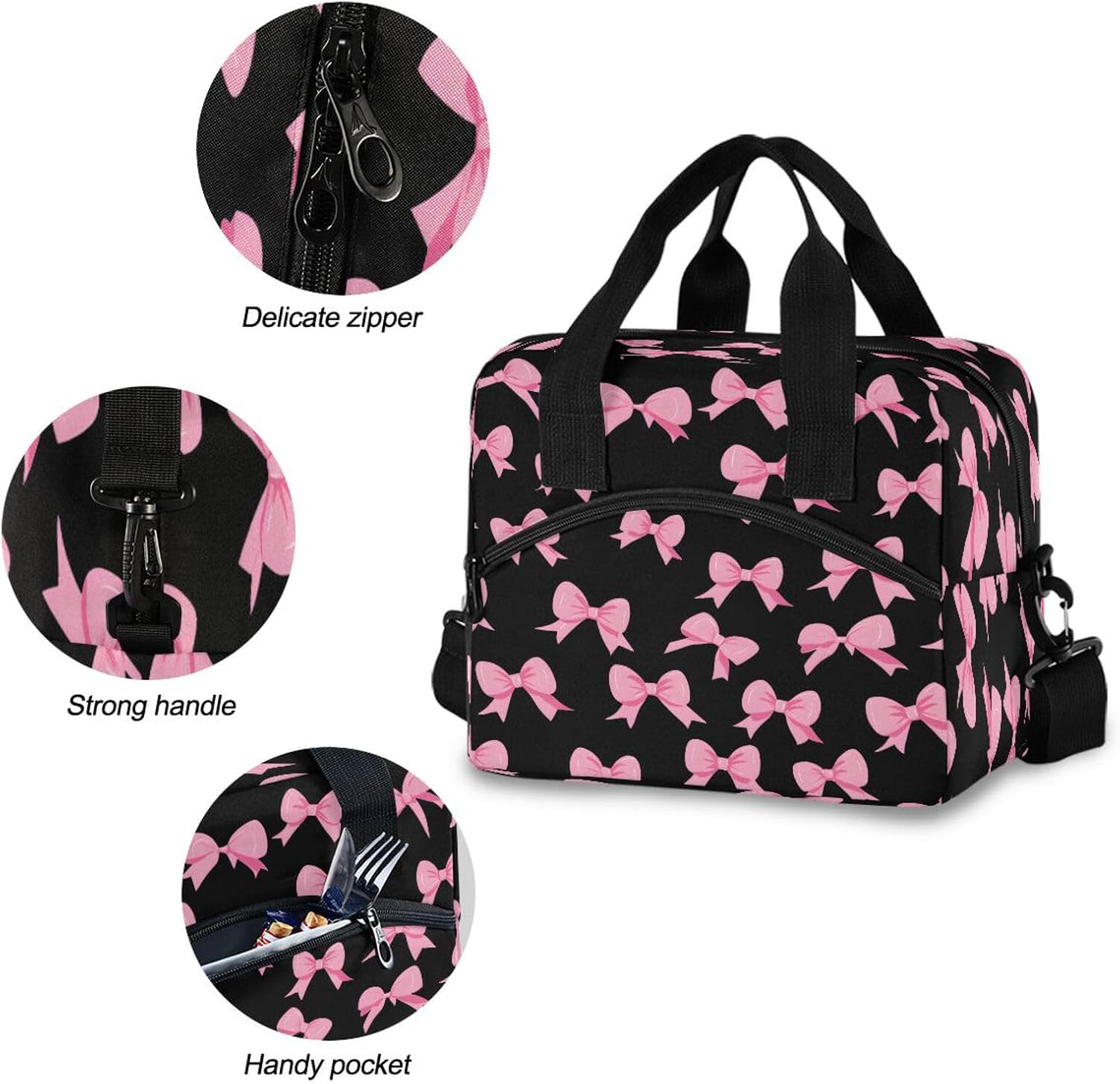 ALAZA Pink Bow Black Lunch Box for Men Women Adults Insulated Lunch Bag Cooler Bag with Adjustable Shoulder Strap for Work Picnic Travel