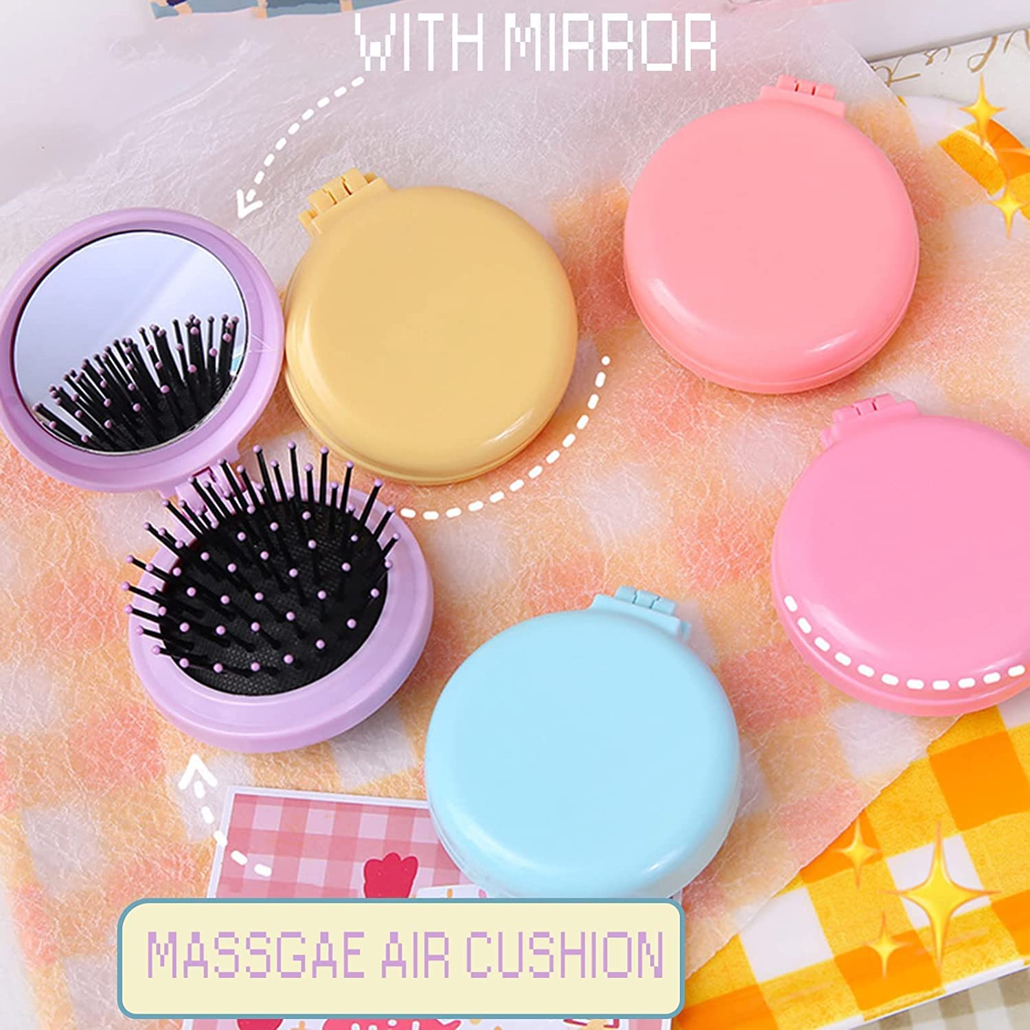 Faltbare Reise-Spiegel-Haarbürsten, rund, faltbar, Mini-Haarkamm, kompakte Reisegröße, Haarmassagekamm für Damen und Mädchen, 5 Farben, 10 Stück