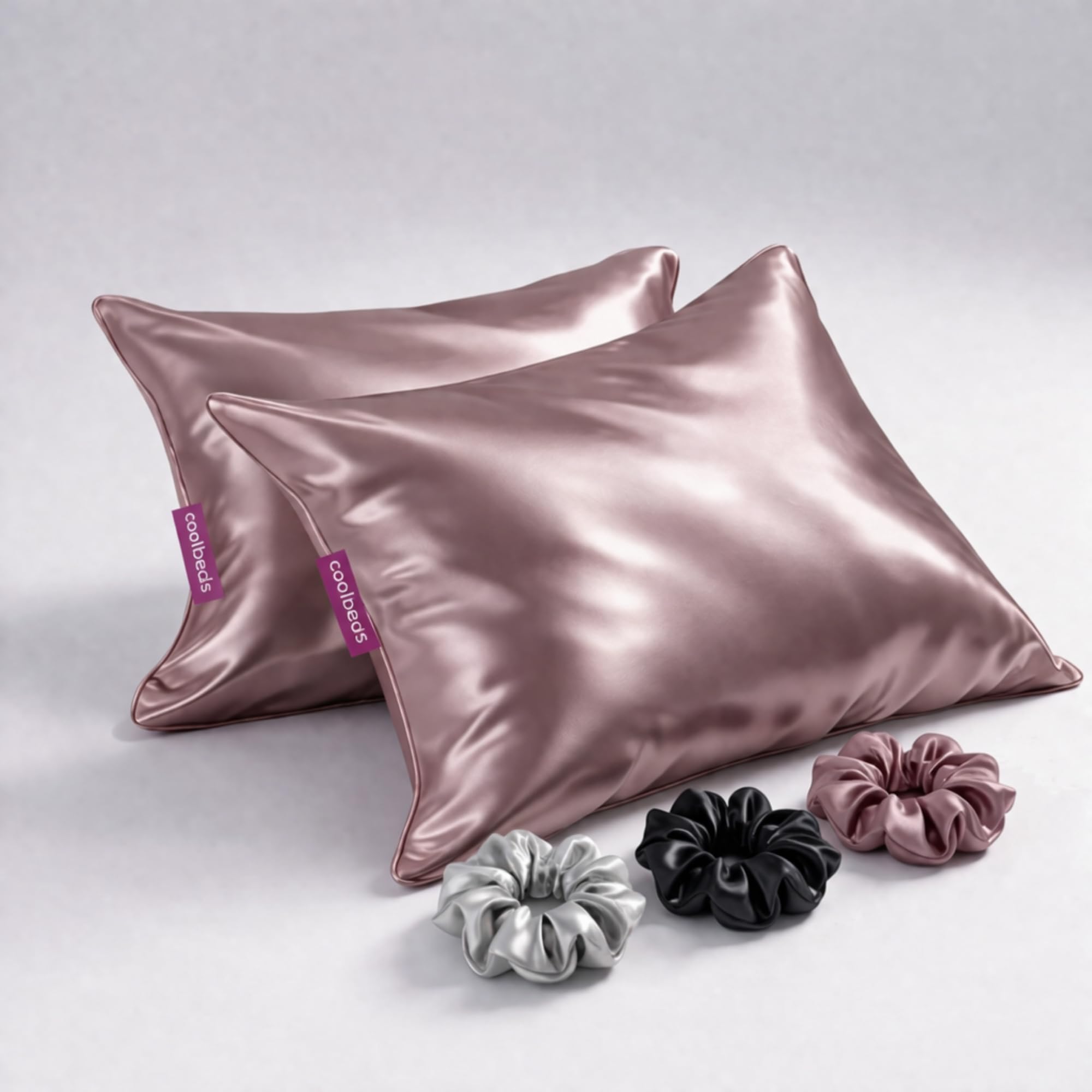 COOLBEDS Solid Satin Pillow Covers For Hair | Silk Pillow Case For Hair & Skin | Satin Silk Pillow Cover | 3 Scrunchies For Women | Satin Pillow Case Envelope Closure, 400TC (Rosetaupe)