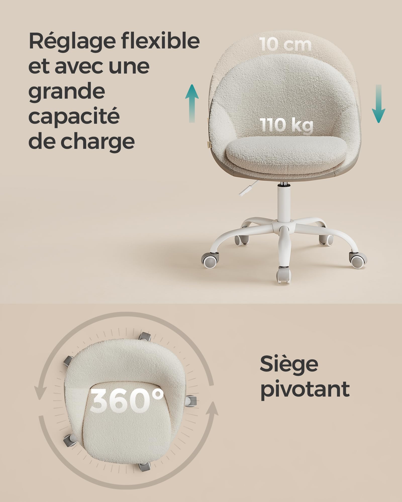 SONGMICS Chaise de Bureau, Fauteuil Pivotant en Peluche et PU, Siège Confort, Rembourrage en Mousse, Réglable en Hauteur, pour Bureau, Chambre, Beige Cappuccino et Blanc Nuage OBG020W01