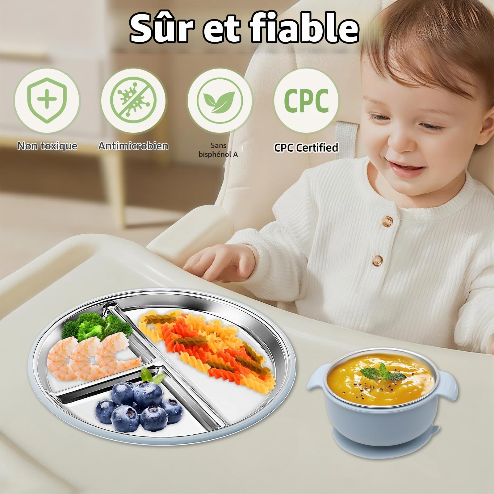 2 Assiettes En Acier Inoxydable Avec Ventouse + 2 Bols En Acier Inoxydable Avec Ventouse, Avec Housse En Silicone Amovible, Lavables Au Lave-Vaisselle (BlueGreen)