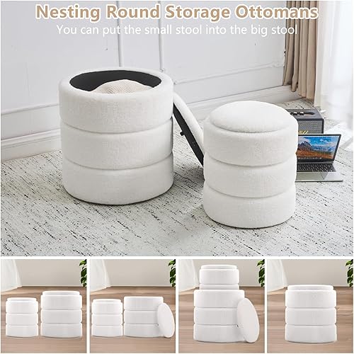 Miniatura 5 de Otomana redonda con almacenamiento, juego de 2, sillas de tocador tapizadas de terciopelo de peluche suave, soporte acolchado de 330 libras,