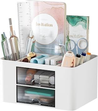 Marbrasse Desk Organiser with Drawers,Multifunctional Pen Holder with 7 Compartments,Stationary Organiser for Home Office Desk and Accessories(White)