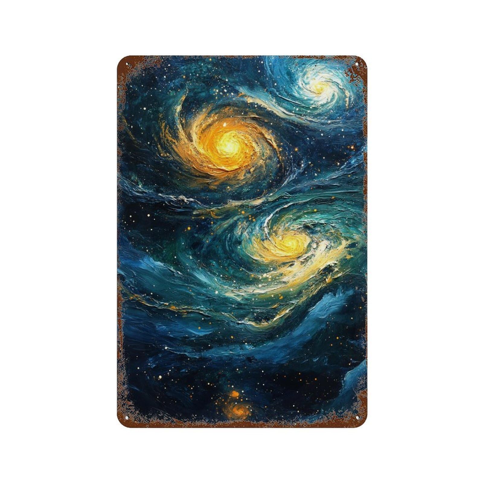 Cosmic Swirl Galaxy Art Vintage Wall Sign 11.8"x7.9", Rust Effect Metal Decor for Bistro, Counter And Cafe Decor