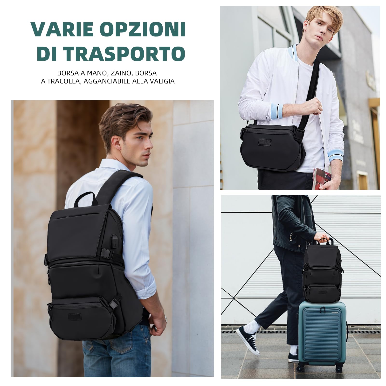 KINGSLONG Zaino da viaggio Business 2 in 1 zaino leggero da 15,6 pollici, marsupio rimovibile, impermeabile, antifurto, nero, ideale per viaggi, lavoro e uso quotidiano