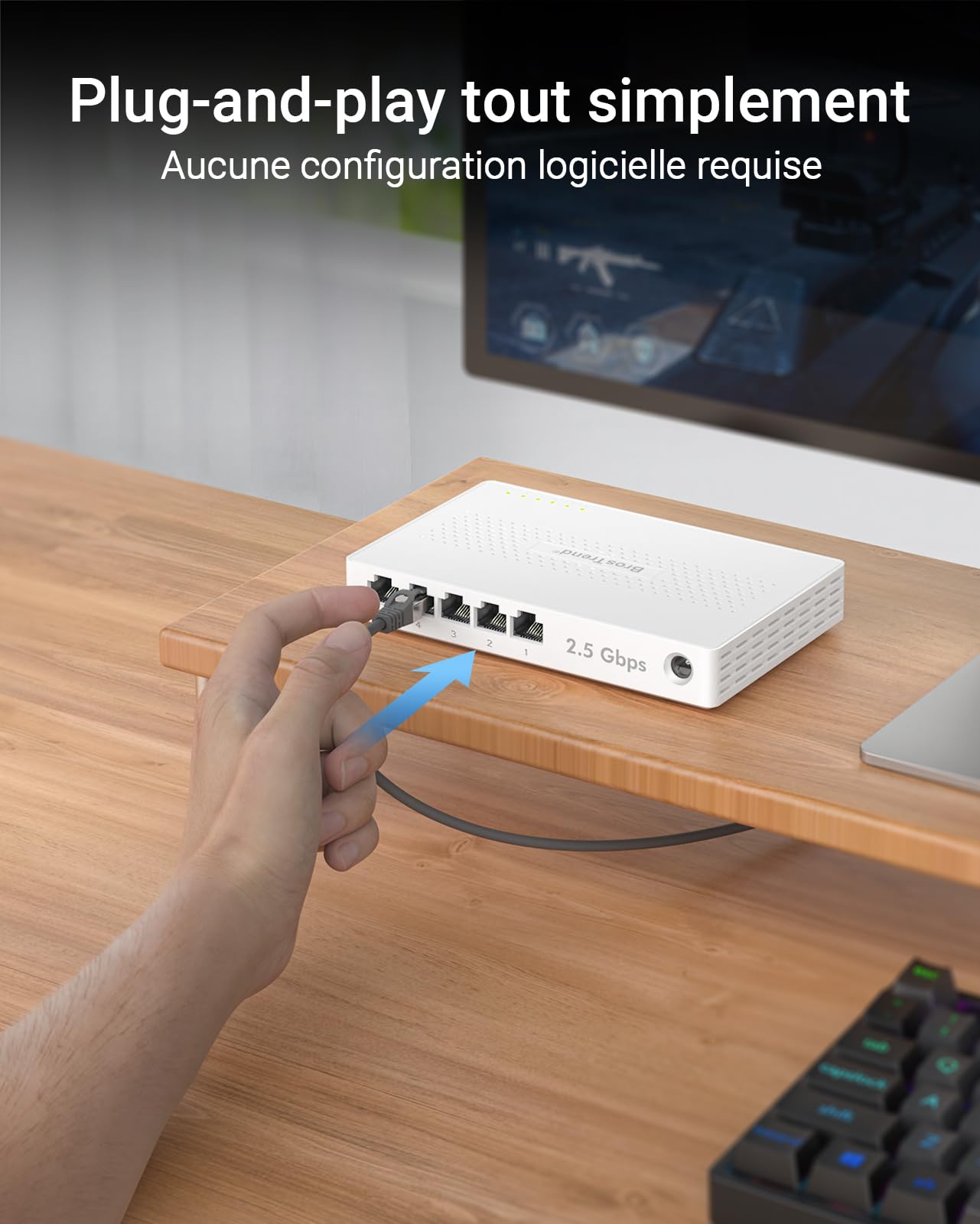 BrosTrend 2.5G Switch Ethernet 5 Ports, Switch RJ45 2.5Gb Unmanaged, 5X 2.5G Base-T Ports, Commutateur Réseau Compatible avec 100/1000/2500Mbps PC NAS, Plug-and-Play sans Ventilateu, Protection à Vie