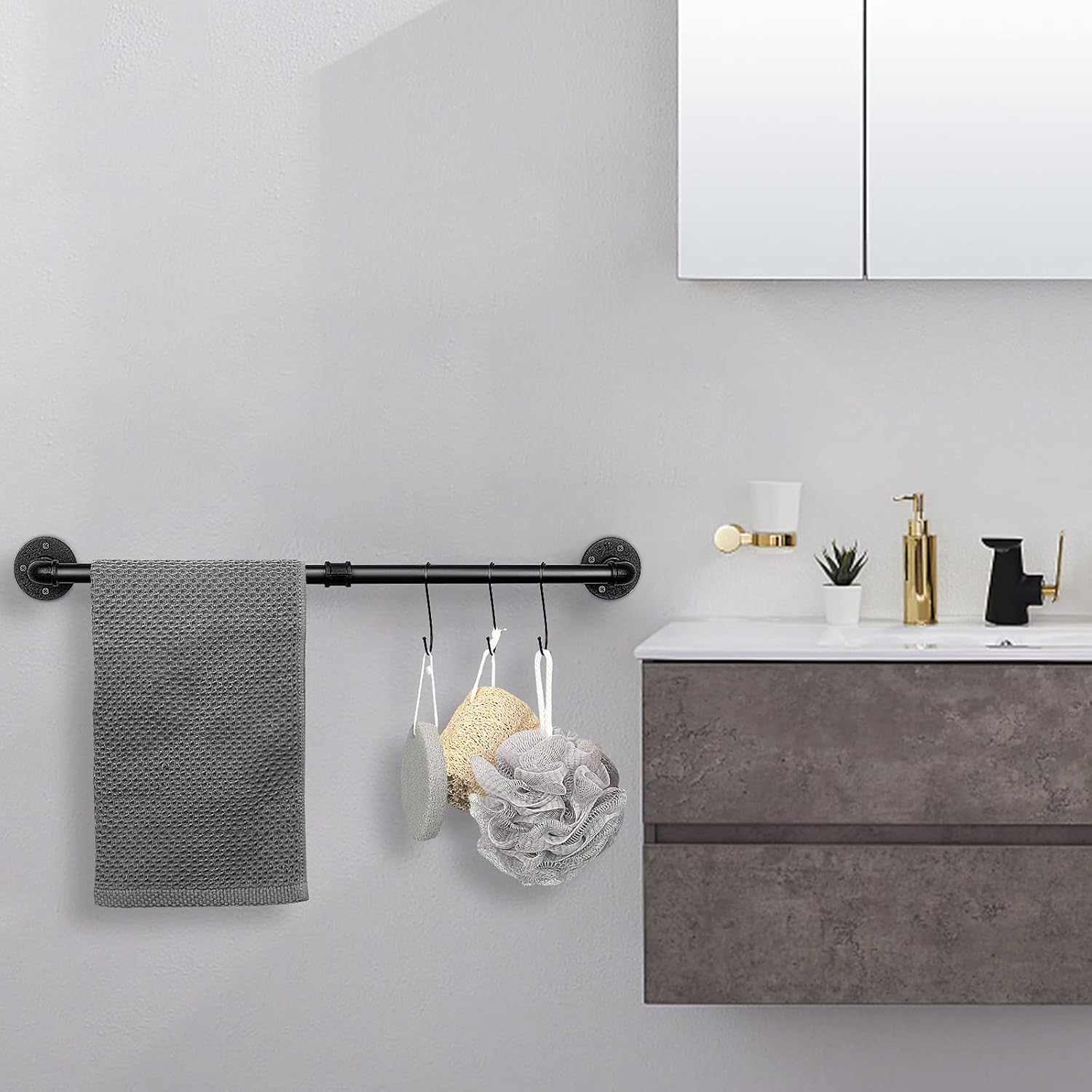 Industrial Pipe Towel Rack Towel Bar, Heavy Duty Wall Mounted Rustic Farmhouse Bath Towel Holder for Bathroom (Black, 32 inch)