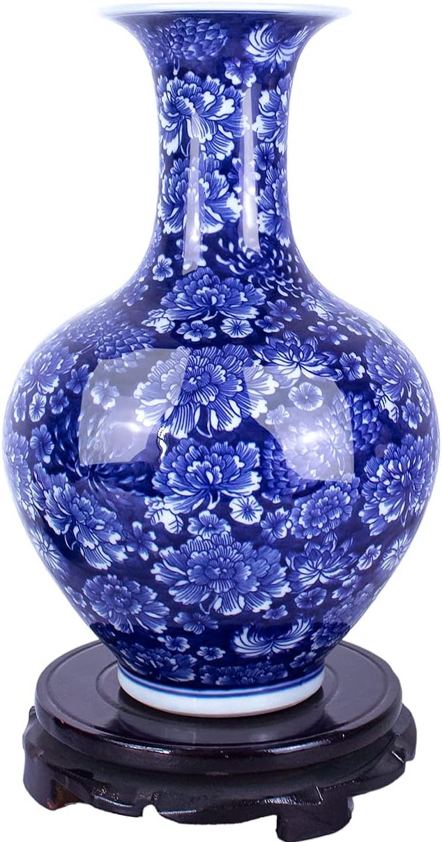 Dahlia Blue and White Vase, Handmade Chinese Porcelain Flower Vase, Peony, Chinese Bottle Shape 14 Inches
