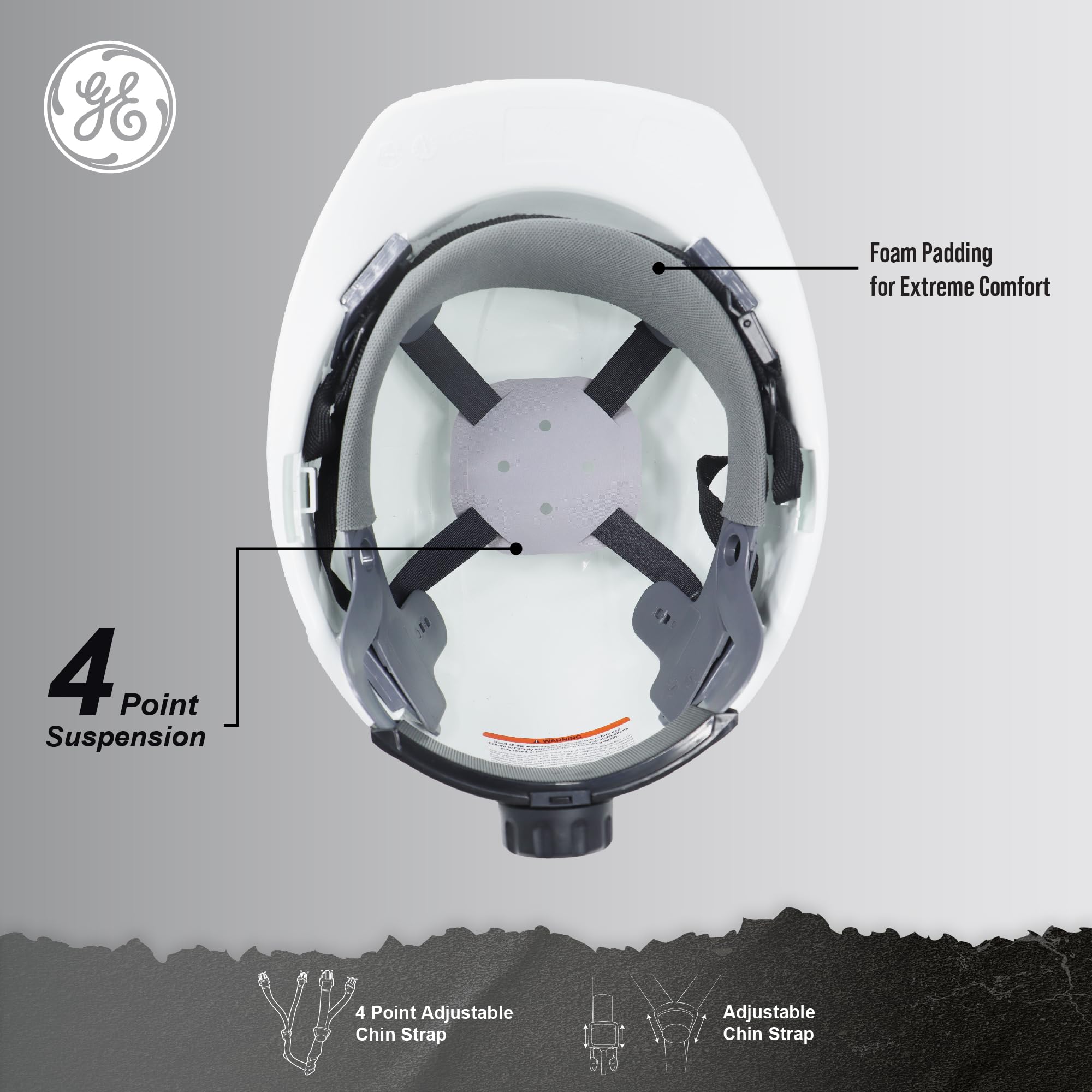 GE Casco duro, estilo de gorra ventilada, clase C, blanco, banda acolchada que absorbe el sudor, sistema de suspensión de trinquete de 4 puntos, ranuras para orejeras, alta resistencia a los impactos,