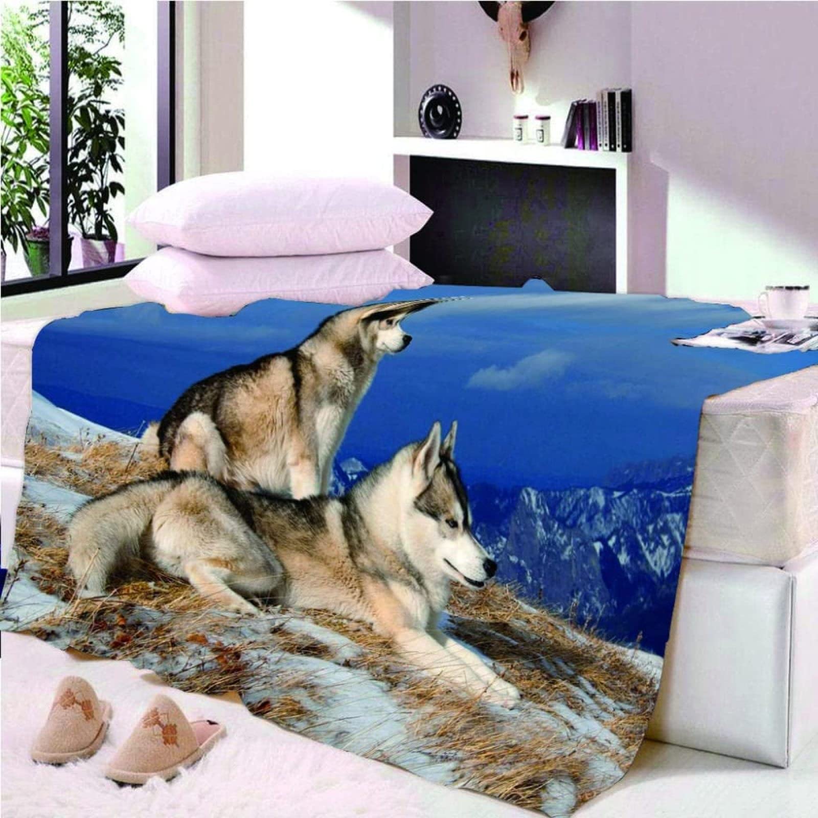 KINITA Plaid Polaire 180 x 200 cm Montagne Enneigée, Loup Plaide Douce en Microfibre Flanelle Couverture lit 2 Personnes 3D Impression Couverture Adulte Enfant pour Canape et Lit