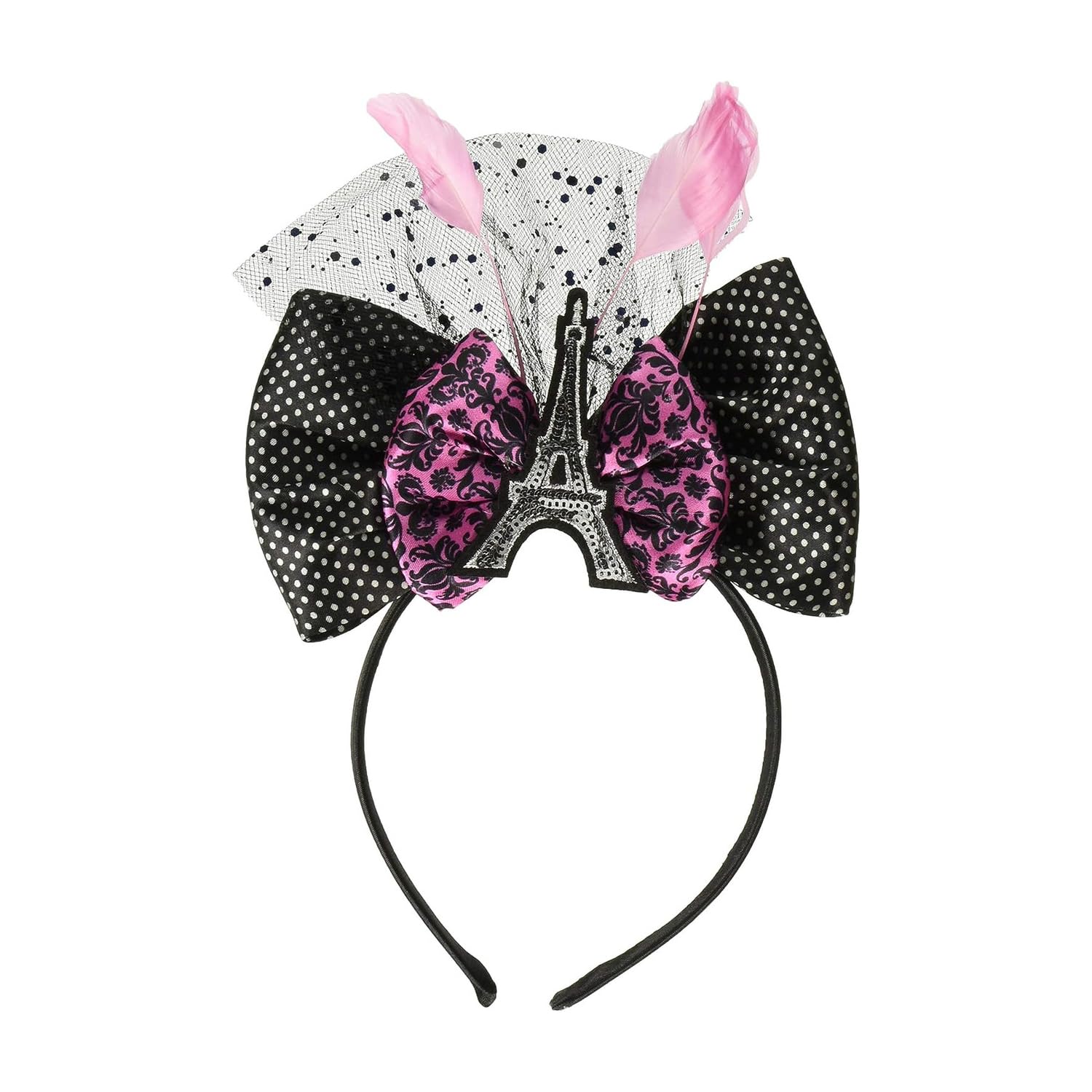 Chic Day in Paris Deluxe Bow Headband (9" x 6", 1 Piece) — Elegant Black & Pink Design - Perfect for Any Parties
