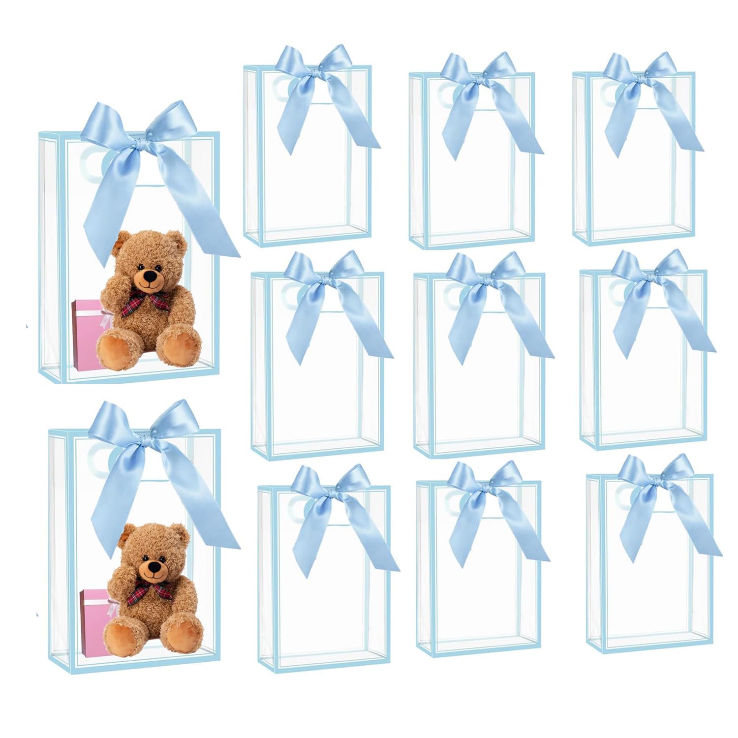 12 przezroczystych torebek prezentowych z PCW z uchwytami, plastikowe torebki na imprezę, z taśmą, wielokrotnego użytku, na wesele, dla panny młodej, baby shower, urodziny (jasnoniebieskie, 15 x 24 x