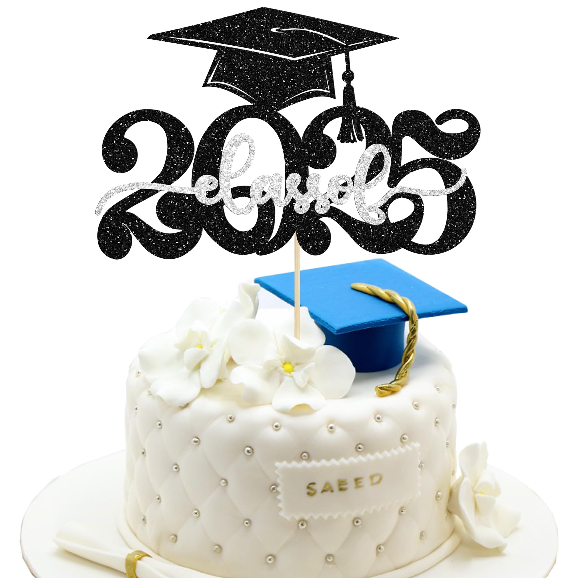 Gyufise 1Pcs 2026 Graduation Cake Topper Glitter Congrats Grad Cap Class of 2026 Cake Pick for 2026 Graduation Theme High School Boys Girls Graduate Party Cake Decorations Supplies Silver