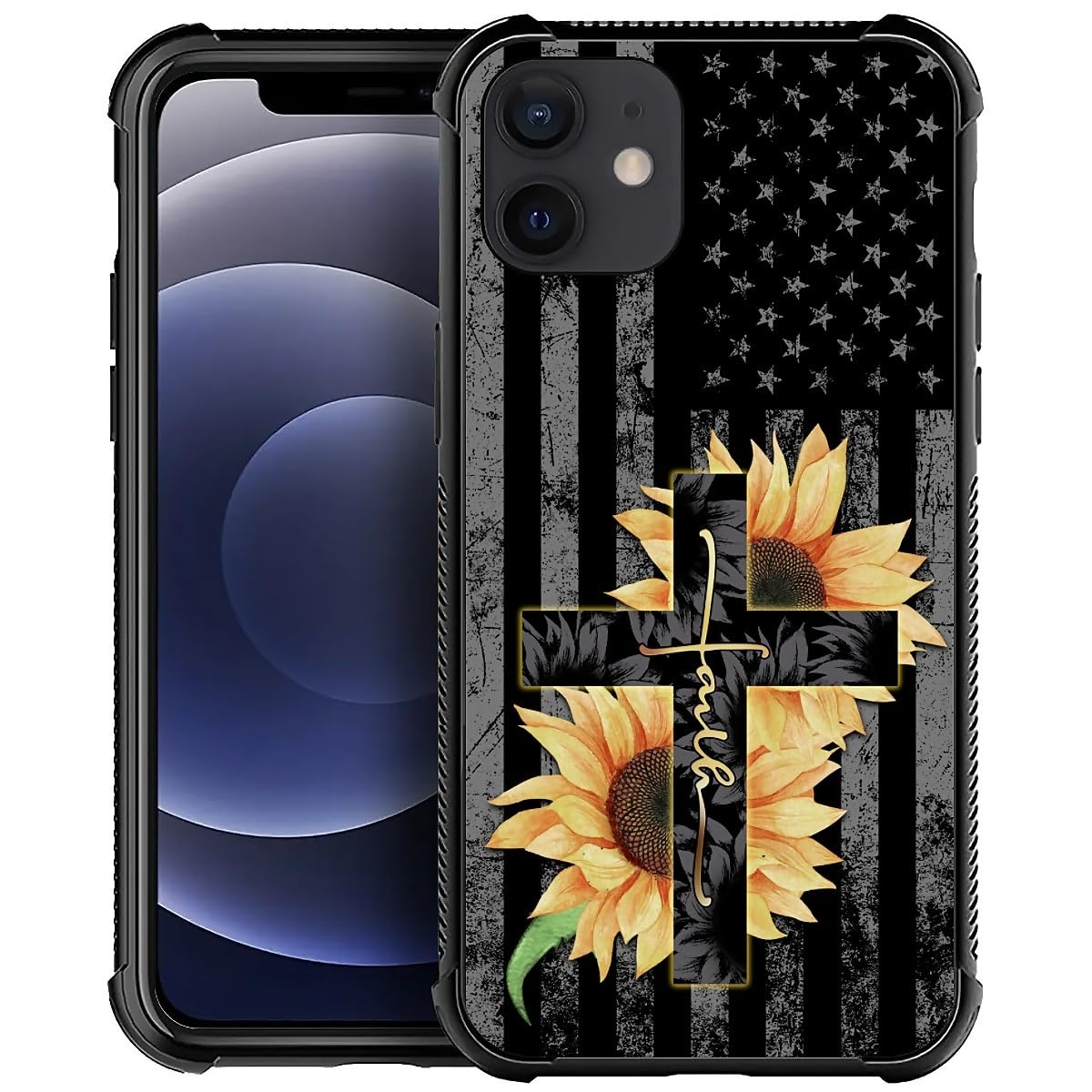ilikediy Case for iPhone 11 W USA Flag Faith Sunflower Pattern Design Case for Women Girls Men Soft TPU Bumper Hard PC Back Anti-Fall Shockproof