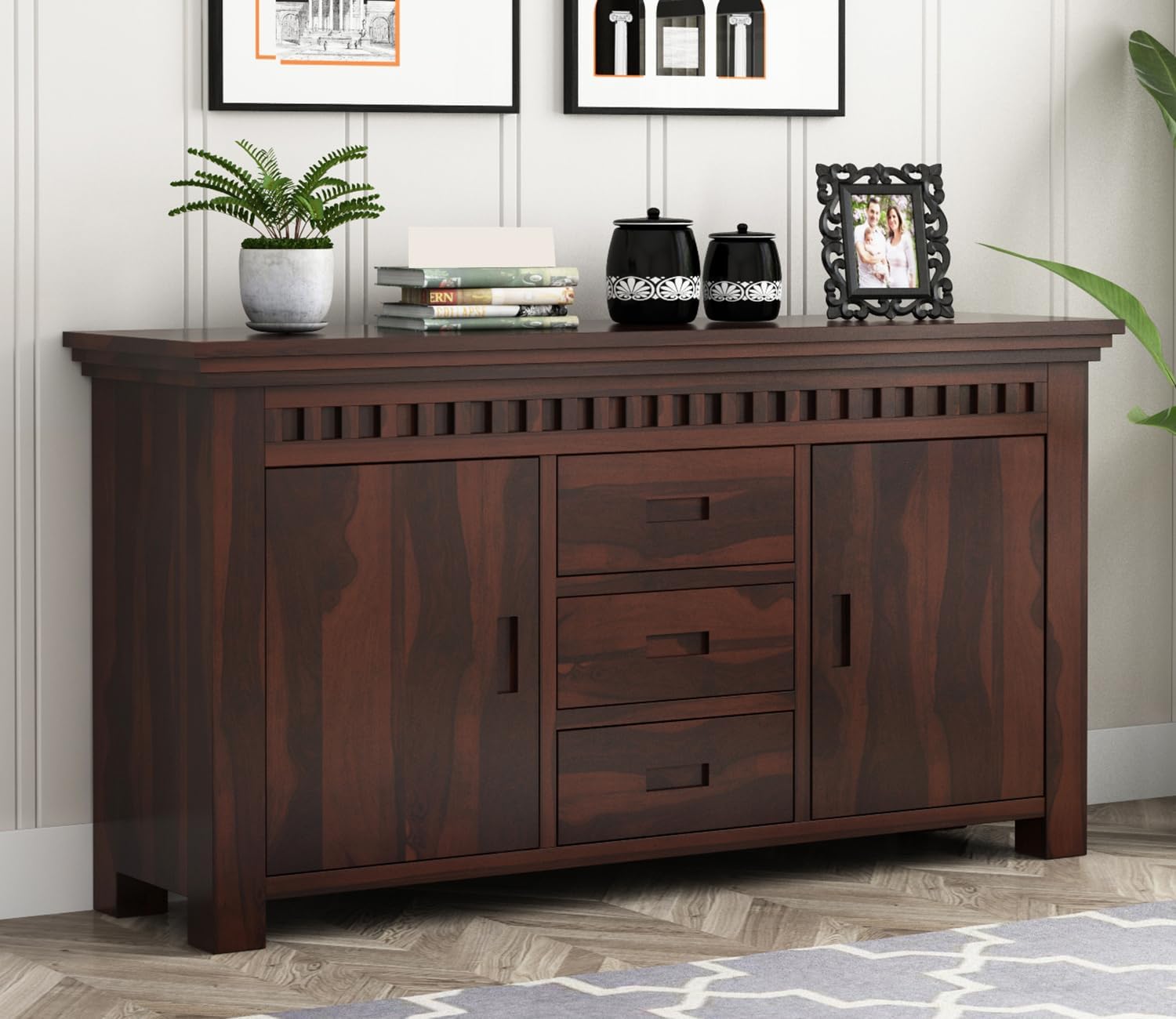 GADWAL FURNITURE Solid Sheesham Wood Wooden Storage Cabinet with 3 Drawers 4 Shelves & 2 Door | Sideboard Cabinet for Bedroom Living Room Storage Solution | (Marino, Walnut Finish)-image-1