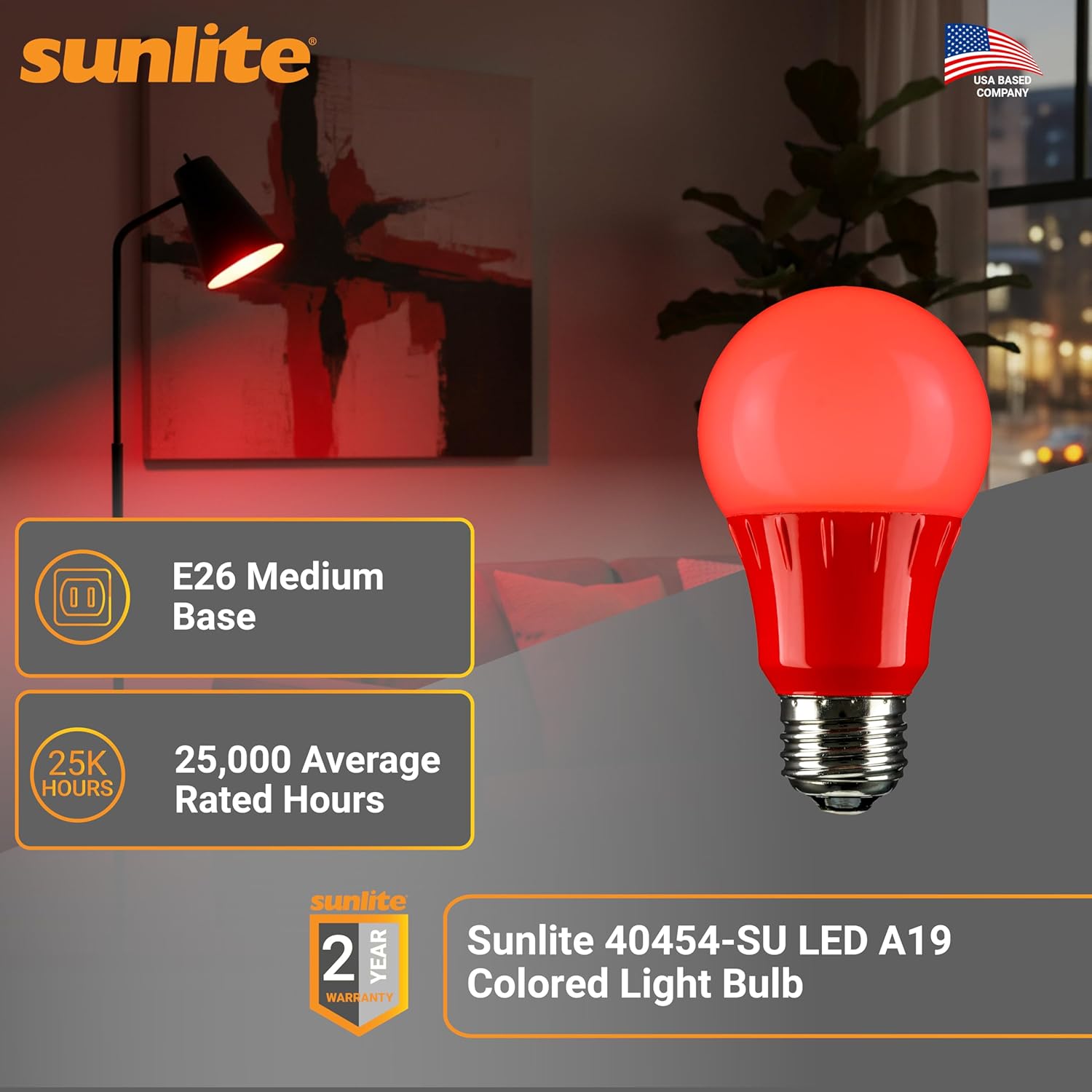 Sunlite 40454 LED A19 Colored Light Bulb, 3 Watts (25w Equivalent), E26 Medium Base, Non-Dimmable, UL Listed, Party Decoration, Holiday Lighting, 3 Count, Red
