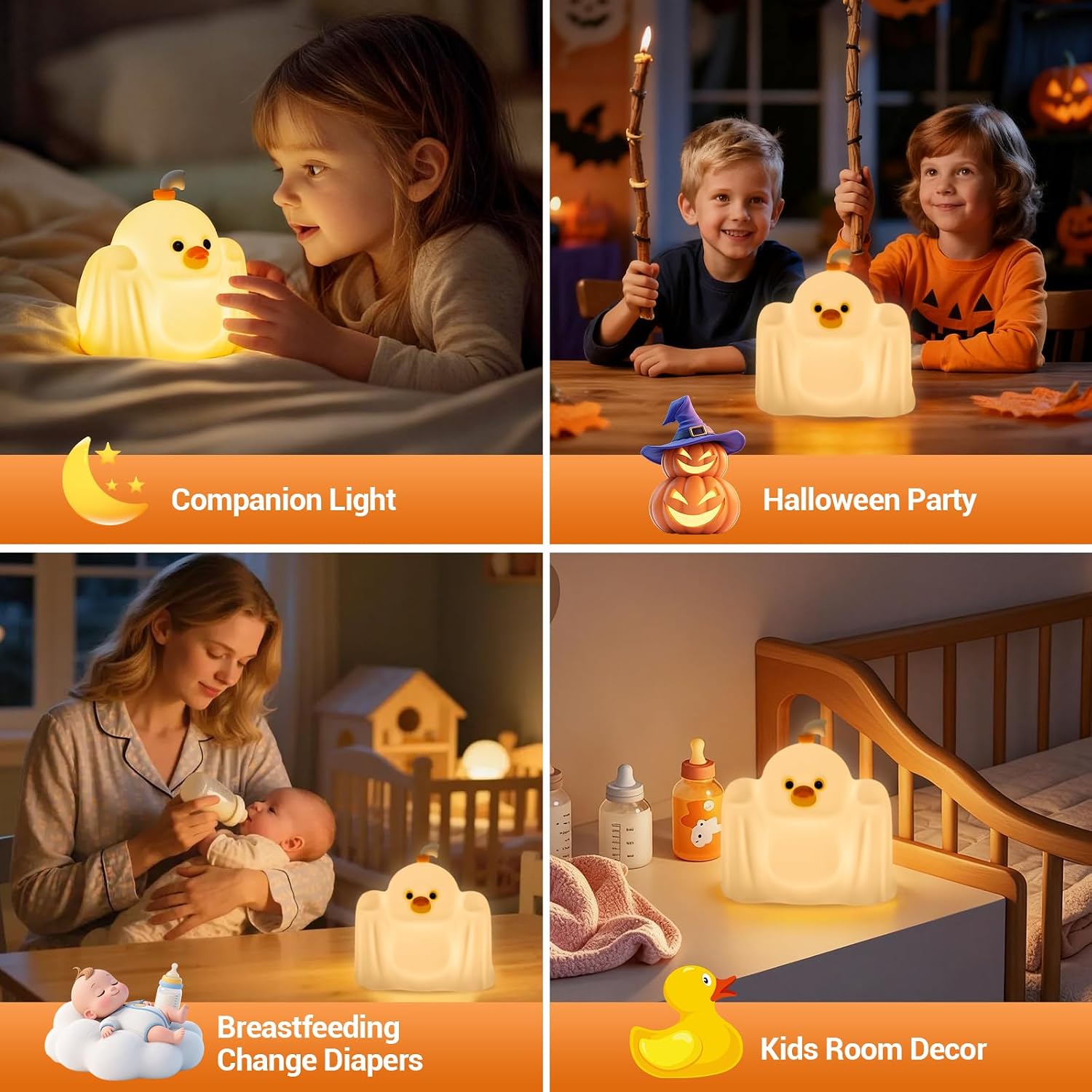 Cute Squishy Kids Night Light - BPA-Free Silicone Duck Toddler Sleep Lamp with 3-Level Dimmable Warm Light, 30-Minute Timer & Rechargeable, Pat Control Soft Animal Light for Nursery, Halloween Decor
