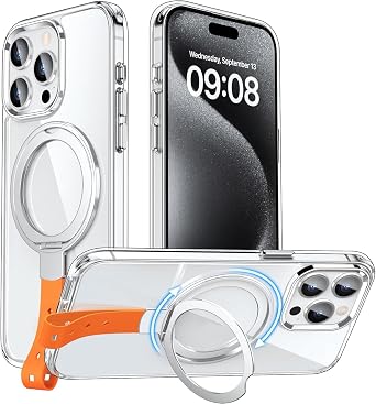 Transparent Case for iPhone 16 Pro Max /16 Pro/16 Plus/16,Magnetic Crystal Clear Heat Dissipation Case with 360Rotating Metal Kickstand Non Yellowing Cover,Silver,16 Pro Max
