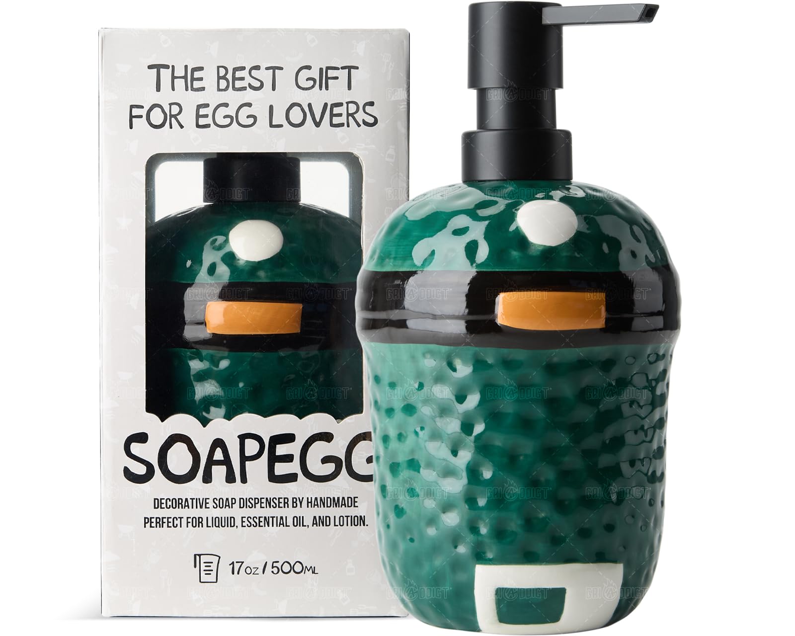 SoapEGG, The Big Green Egg Ornament, BGE Charcoal Grill Accessories - Lovely Ceramic Bottel with Rust Proof Pump, Works for Kitchen, Bathroom, and Outdoor Barbecue, Novelty Gift for Egghead
